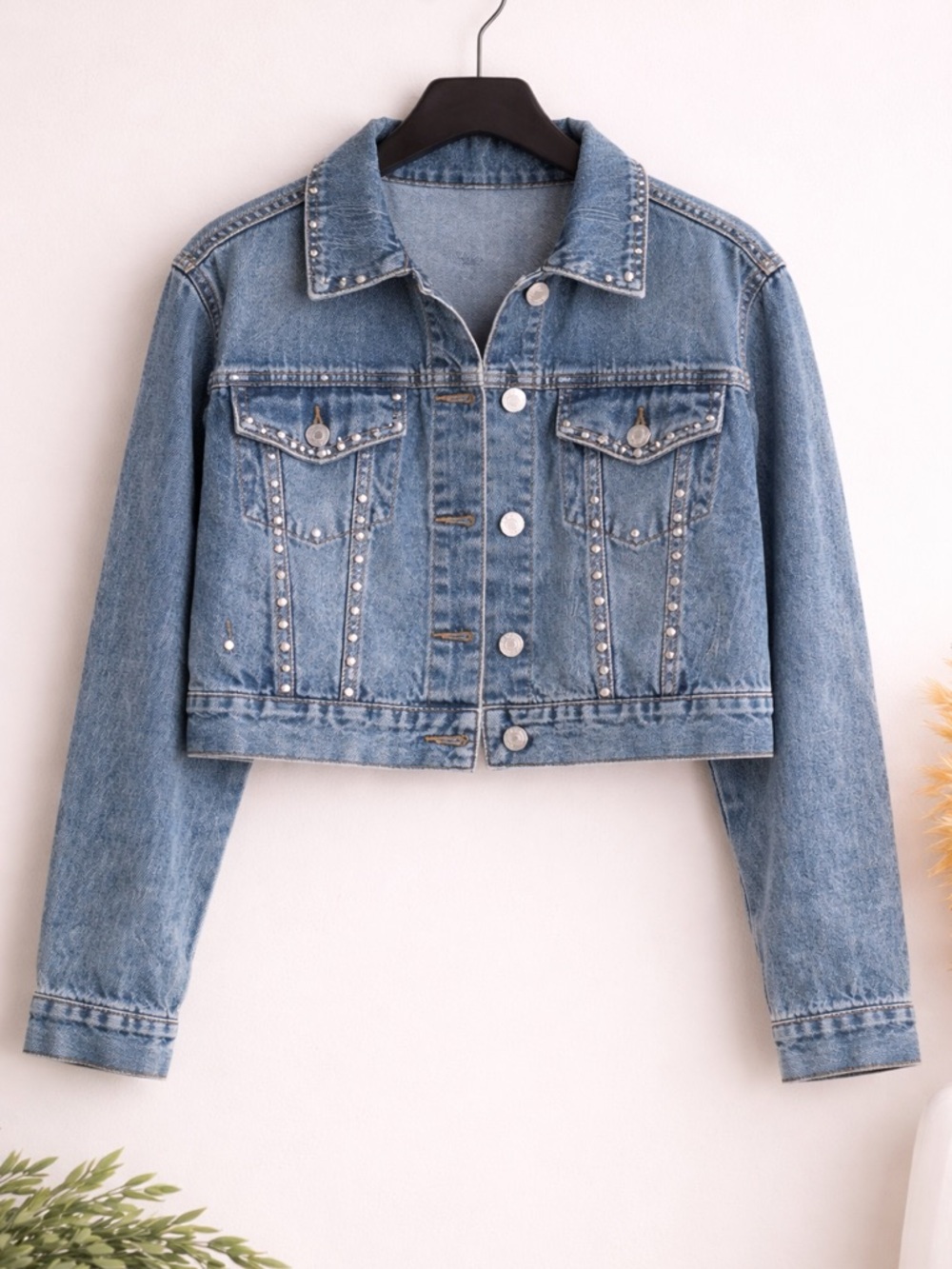 Ci Sono Light Blue Studded Cropped Denim Jacket